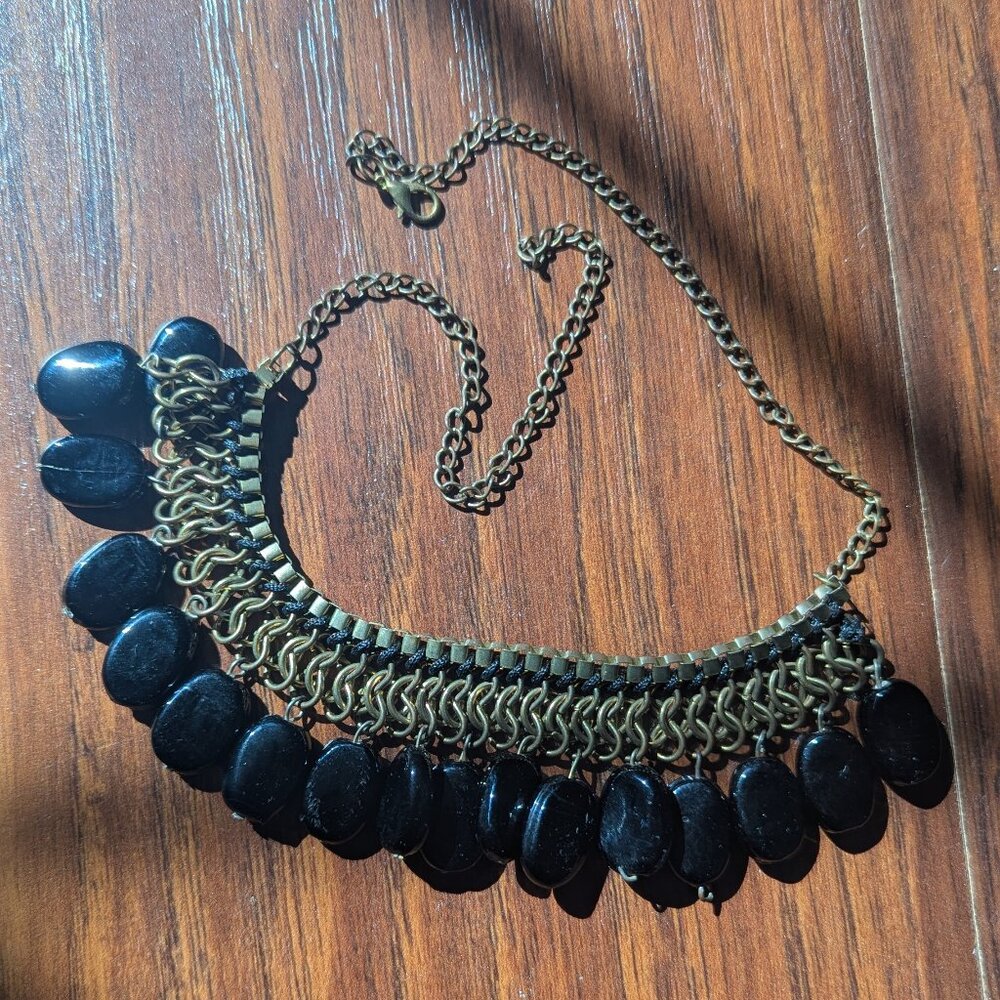 Statement Brass Necklace with Black Stones